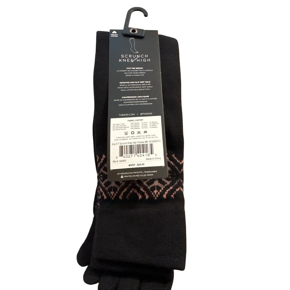 ToeSox Womens Scrunch Knee High Socks M Black Grip Pilates Yoga Ballet Core